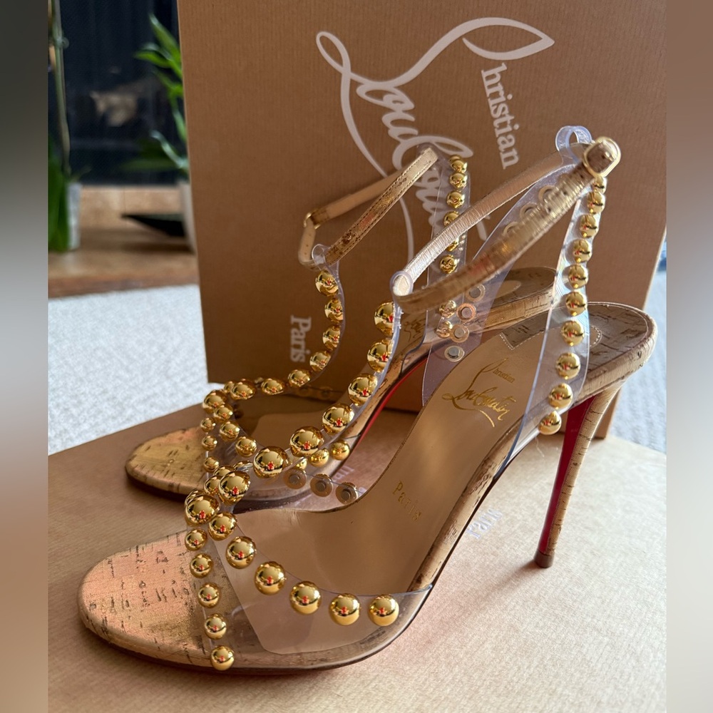 Christian Louboutin Transparent Heels with Gold Accents 100mm heel height 7.5